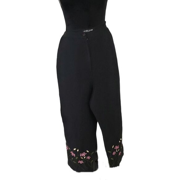 Larry Levine Sport Black Linen Blend Pink Embroidery Capri Pants Slacks Size 14 - Picture 1 of 10